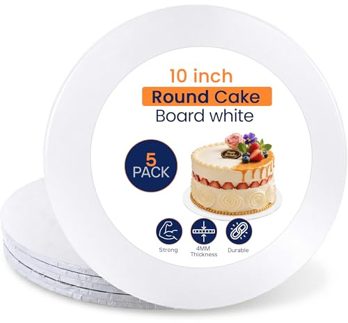 SAMZ Packaging 10 White Glossy Masonite Cake Board, Strong Round Cake Board, Cake Drum, 4mm Thick, (Pack of 5)