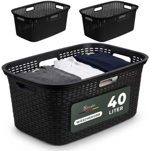 Novaliv 3er-Pack Rattan Wäschekorb mit 4 Griffen 40L Schwarz, Wäschebox Set Wäscheeimer Wäschebehälter für Bad Wäsche Schmutzwäsche, Wäschekörbe Haushalt Zubehör Wäschetonne Sammler