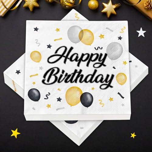 Servietten Geburtstag, 40 Stück Happy Birthday Servietten Schwarz Tischdeko | Geburtstag Servietten Vierseitiger Druck für Universelle Serviette Geburtstagsdeko Junge Mädchen Party Deko