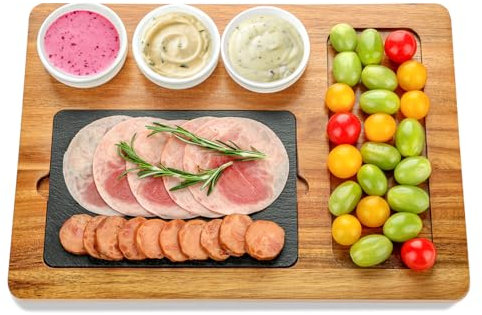 HALE OTEIR Wooden Steak Serving Board with Slate - Acacia Wood Steak Plate, Rustic Cheese & Charcuterie Platter, Perfect for Meat, Cheese, Charcuterie