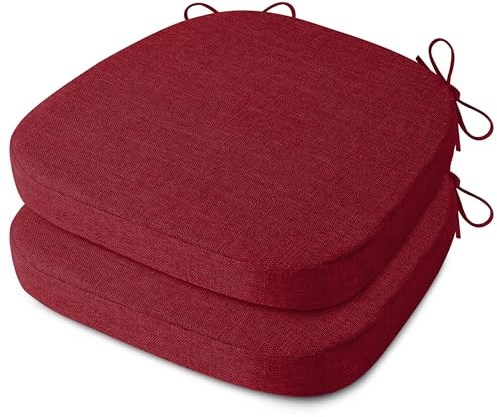 AddGrace Dining Chair Cushions Set of 2, Anti-Slip, 41X41 cm, Red | 5 cm Foam Filling, Durable Faux Linen Fabric, D-Shape, with Ties, for Kitchen, Folding Chairs, for Standard Hardwood Chairs
