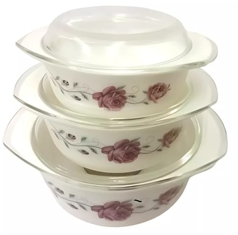 Housetronics 3 Pcs Glass Casserole Dishes With Lids Oven Proof, Microwave & Dishwasher Safe-Scratch,Thermal Shock Resistant Dishes With Lid-Easy-Grip Handles Serving Dishes, ROSE (1 + 1.5 + 2.5 Ltr)