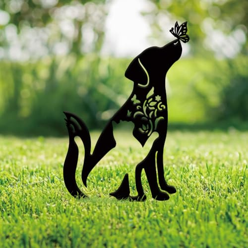 SUPERDANT Decoration Jardin Exterieur pour Chat et Chien Ornement de Jardin Extérieur en Forme de Chien et de Papillon Silhouette Noire Décoration Extérieure Piquets de Clôture