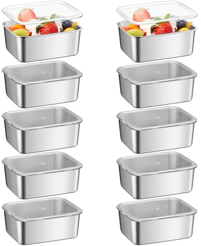 Kaxtde 10 Pack Small Stainless Steel Food Storage Containers with Lids | 650 ml Reusable Metal Storage Boxes Bulk, Stackable Meal Prep Lunch Box for Picnic, Kitchen Organiser, 14 x 11 x 6 cm