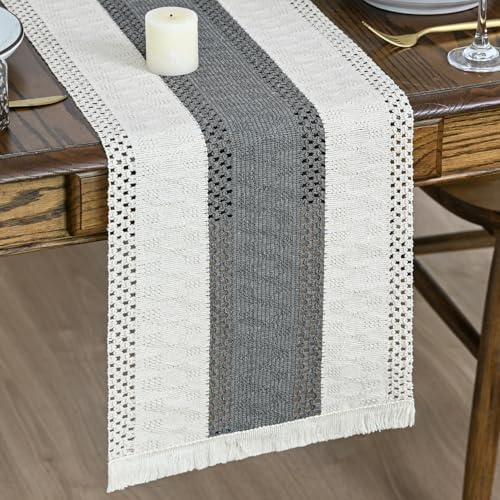 Artoid Mode Dark Grey Farmhouse Rustic Tassel Table Runner 30x183 cm, Seasonal Holiday Hollow Kitchen Dining Table Decoration for Home Party Decor