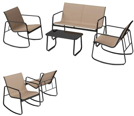 KOMFOTTEU Set da Bistrò in Tessuto Textilene, Set da Giardino in 4 Pezzi, Tavolo Portato 50 kg, 2 Sedie a Dondolo Portate 150 kg, e Divanetto Portato 300 kg, Set Tavolo e Sedie da Esterno (Marrone)