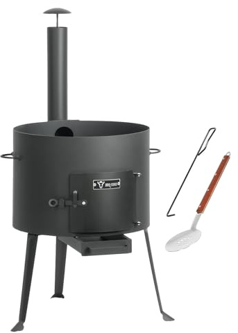 BBQ-Toro Kazan i gjutjärn, valfritt med Kazan-ugn, XXL gjutjärnsgryta med lock, gulaschgryta med hålslev och eldgaffel (diameter 44 cm, Utschak)