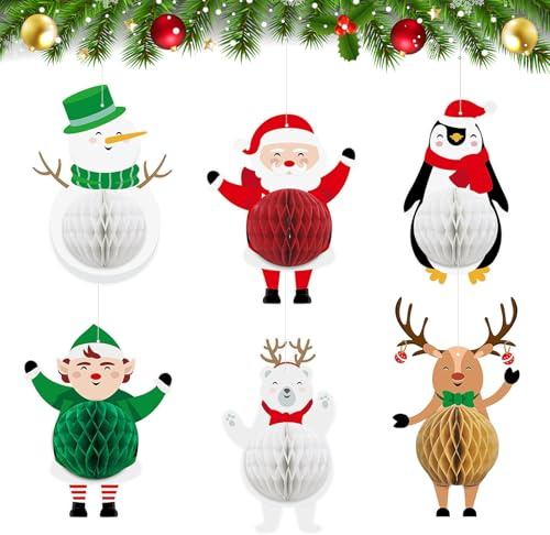 PORUPAEL 6 decorazioni natalizie in carta a nido d'ape, decorazioni natalizie da appendere, ornamenti da appendere a nido d'ape, Babbo Natale, elfo, renna, pupazzo di neve, pinguino, per Natale e