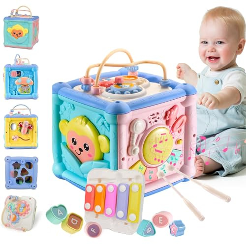 Caossuixin Activity Cube Baby Toy,7-in-1 Early Learning Educational Baby Sensory Toys with Shape Sorter,1st Birthday Gifts,Music Light Up Piano Baby Toys,Montessori Toys for 1 2 3 Year Old Boys Girls
