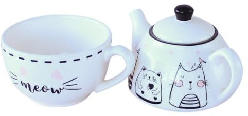 BIUDECO Adorable Cat Printed Ceramic Teapot Cup Set with Saucer Lovely Black and White Tea Pot Kit for Home and Office Decor Gift for Tea Lovers and Housewarming Parties