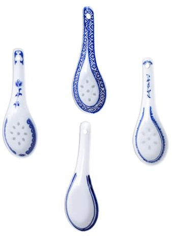 CONGARTENO 4 pezzi Cucchiai Ceramica Cinesi per Zuppa e Riso Piccoli Cucchiai Decorativi Blu e Bianco Multiuso per Casa e Ristorante