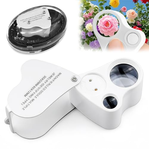 AMFUN Juwelier Lupe, 30X and 60X Vergrößerung, Metall Faltlupe mit LED, für Diamanten, Edelsteine, Schmuck, Briefmarken, Münzen, Antiquitäten, Modelle(Weiß)