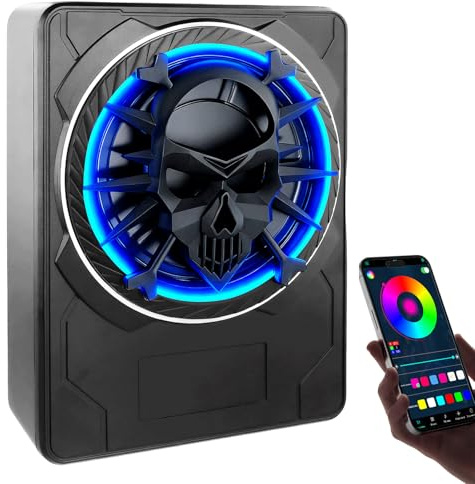 Aktiv subwoofer för bil, kan monteras under sätena, maximal effekt 1 200 W, 10 tum, integrerad förstärkningsmodul, kompakt och elegant design, appstyrd RGB-stämningsbelysning
