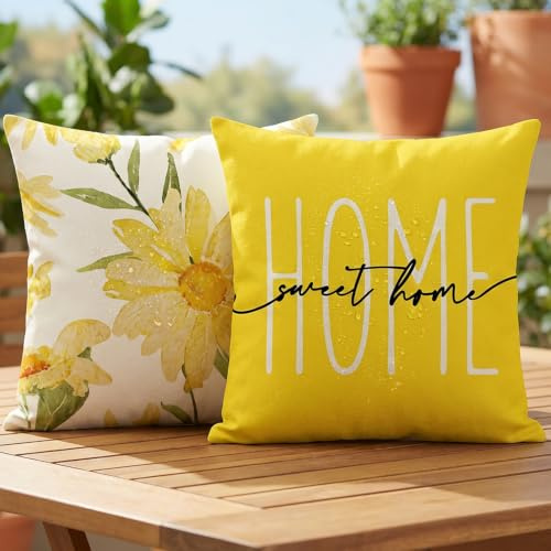 Vorysum Outdoor Wasserfest Kissenbezug 45x45 cm 2er Set Gelb Blumen Dekokissen Modern Kissenhülle Sommer Sofakissen für Garten Sofa Balkon, Poolkissen Camping
