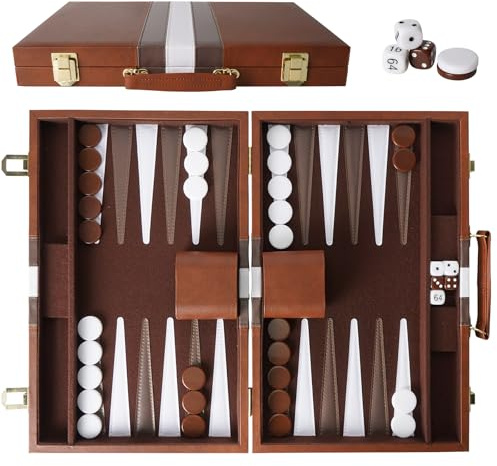 Backgammon-set, backgammon-väska 38 cm, stora backgammon-set för vuxna, bärbar och resebackgammon-set, med tärningar och fördubblare, backgammon-set väska, för campingbilar och resenärer