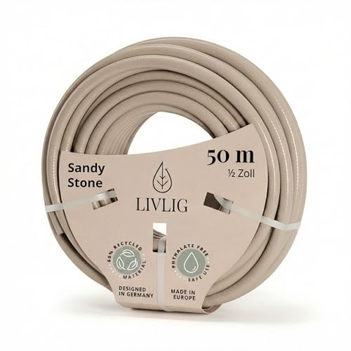Livlig53 LIVLIG trädgårdsslang 50 m, flexibel premium vattenslang tillverkad av 60 procent återvunnet material, UV-beständig, vecksäker, trädgårdsslang 1/2 tum, beige
