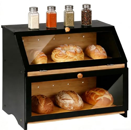 Ccarzzi Bread Bin, Double Layer Bamboo Bread Storage Box with Clear Acrylic Windows, Large Black Wooden Bread Bin for Kitchen Countertop, Muffins, Salt & Pepper