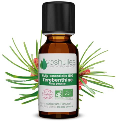 VOSHUILES - Huile Essentielle Térébenthine 10ml - 100% Pure et Naturelle - BIO - HEBBD et ECOCERT - Nombreuses Vertus et Applications - Huile Essentielle de Qualité