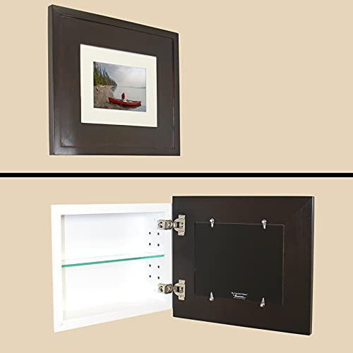 Fox Hollow Furnishings 14x11 Concealed Picture Frame Medicine Cabinet Without Mirror for Bathroom, Recessed in The Wall, Made in North America, Real Wood, NO MDF, Adjustable Shelves, Coffee Bean