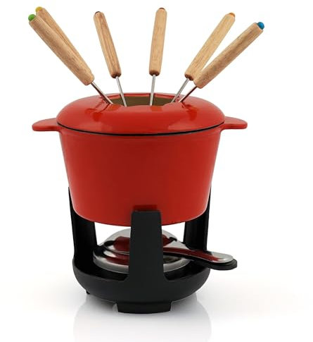 BBQ-TORO Juego de Fondue de Hierro Fundido | 6 Personas | 1 Litro | Set de Fondue 13 Piezas con Quemador y Tenedores | Set para Fondue de Queso, Set de Fondue de Carne, Set para Fondue de Chocolate