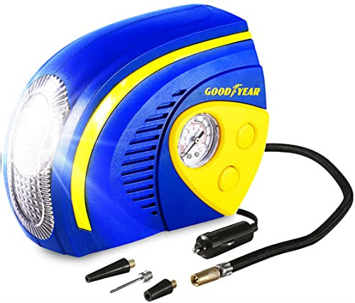 Goodyear Gonfleur de Pneu de Voiture compresseur d'air 12v Pompe Pneu Voiture Pompe Pneu Pompe Pneu avec manomètre Pompe à air 12v Pompe à air Pompe gonfleur avec lumière LED utilisable pour vélo,