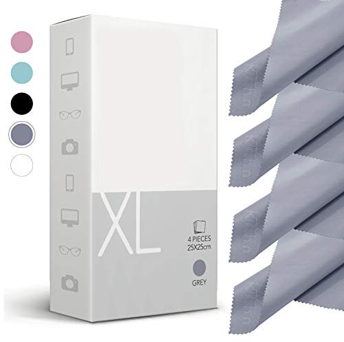 Klihn - Mikrofaser Brillenputztücher XL (4er Pack / 25cm x 25cm) in Optikerqualität auch für Displays und Objektive (Große Mikrofasertücher aus feiner Spezialfaser, waschbar) (XL-Grau)