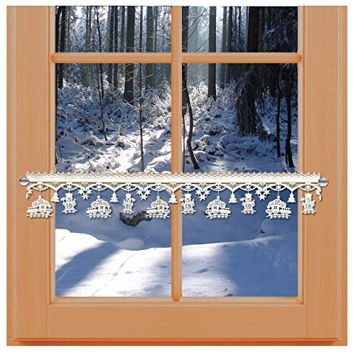 kollektion MT Feenhaus-Spitzenkante Winterzauber 11cm Natur aus echter Vogtländischer Spitze mit Wintermotiven Schneemann Lokomotive Sterne