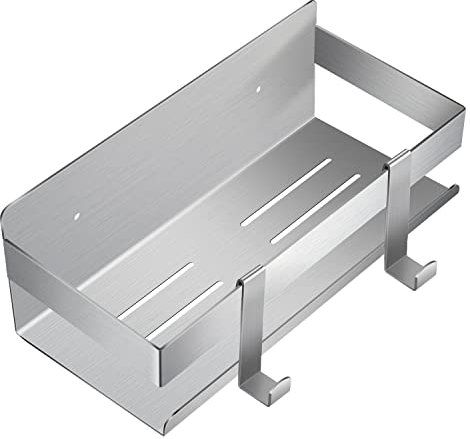 MEIJO Duschablage Ohne Bohren, Duschregal Edelstahl mit 2 Haken, Rostfrei Duschkorb Shampoo Halterung für Badezimmer (Silber)