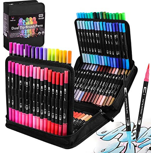 FORETOY Dual Brush Pen Set, 100 Farben Filzstifte Dicke und Dünne Pinselstifte Für Kinder Erwachsene Bullet Journal Stifte, Handlettering, Manga, Mandala, Malbücher, Fasermaler und Fineliner