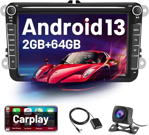 HiFi+64G Autoradio Android für VW Polo Golf 5 Golf 6 Skoda Passat Tiguan Touran mit Wireless Carplay Android Auto, 8 Zoll Bildschirm Autoradio mit Navi HiFi Bluetooth FM/RDS SWC Rückfahrkam