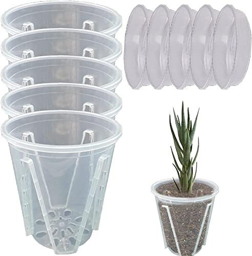 5 Stück Orchideentopf Transparent Orchideentöpfe Übertopf mit Untertassen Kunststoff Orchideentopf Pflanztöpfe für Orchideen Orchidee Blumentopf für Indoor Outdoor Balkon Schreibtisch (14cm+Tablett)