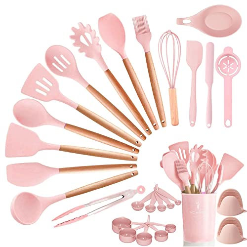 Juego de Utensilios de Cocina, 28pcs Silicona Utensilios de Cocina Set, Herramientas de Cocina Espátula Girador Pinzas Cuchara para Nonstick Resistente al Calor Utensilios de Cocina,Rosado