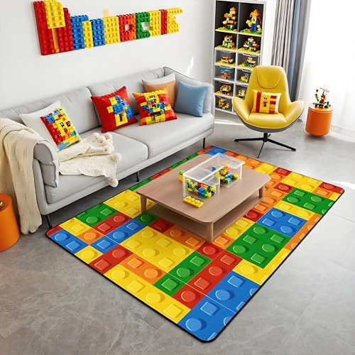 Alfombra de bloques de construcción para niños y niñas, alfombra geométrica colorida para sala de estar, alfombra para dormitorio, alfombra de cocina, 100 x 150 cm