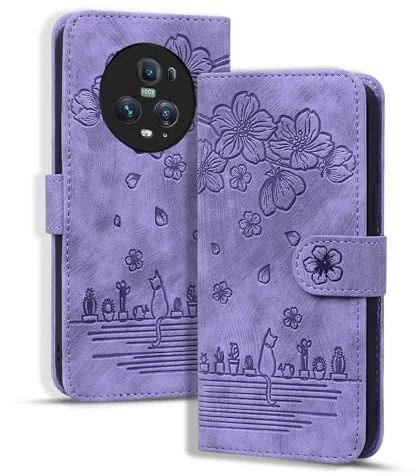 Rosbtib Hülle für Honor Magic5 Pro, Premium PU Leder Schutzhülle Magnetic Closure Standfunktion Flip Cover Handyhülle für Honor Magic 5 Pro 5G 6,81 Zoll (Lila Katze)