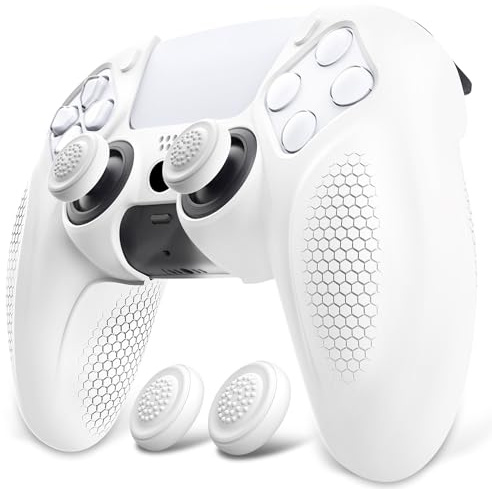 PlayVital Ninja Edition Anti-Slip Silicone Cover Skin for ps5 Wireless Controller, Ergonomic Protector Soft Rubber Case for ps5 Controller Fits with Charging Station with Thumb Grip Caps - White