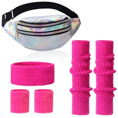 Clundoo 80er Jahre Outfit Damen Set Mit Bauchtasche, Stirnband, Beinwärmer, Handschuhe für 90er Kostüm Party Fasching Karneval (Rosarot)