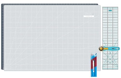 SEMPLIX Cutting Mat Set - Cutting Mat 90 x 60 cm (A1), Rotary Cutter Maxi, Patchwork Ruler + Aqua Trick Marker (Grey/Turquoise)