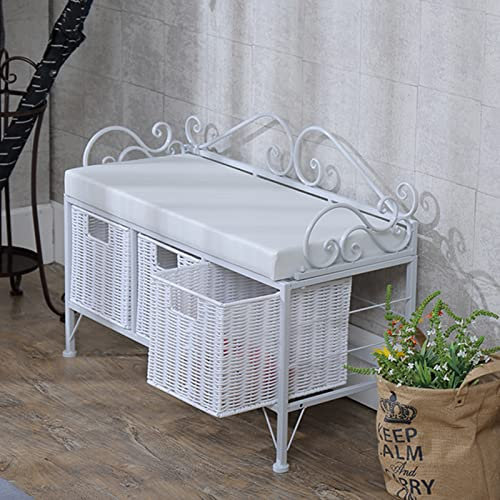 Ottomane, handgefertigt, Rattan, großes Fassungsvermögen, Fußhocker mit gepolstertem Kissen und Schublade, stabile Aufbewahrungsbank für Wohnzimmer, Schlafzimmer, Eingangsbereich,