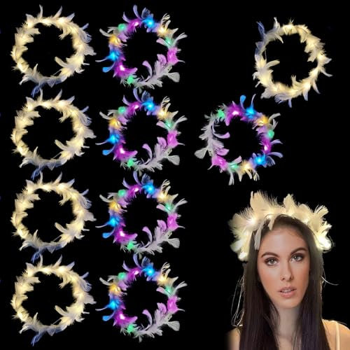 Ghirlanda Di Piume A LED, Ghirlanda Di Piume Luminose, 10 Pezzi Piuma D'Oca Ghirlanda Copricapo Incandescente, LED Fiori Per Capelli Bambinacerchietto, Corona Di Fiori Luminosi