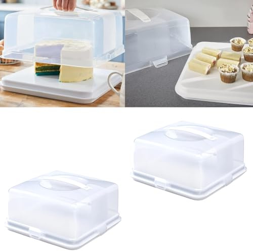 VR7 Cake Box Round/Square Large Plastic Portable Cake Carrier with Handle Cake Storage Container Tin with Lockable Lid Food Cover Box White (2, Square)