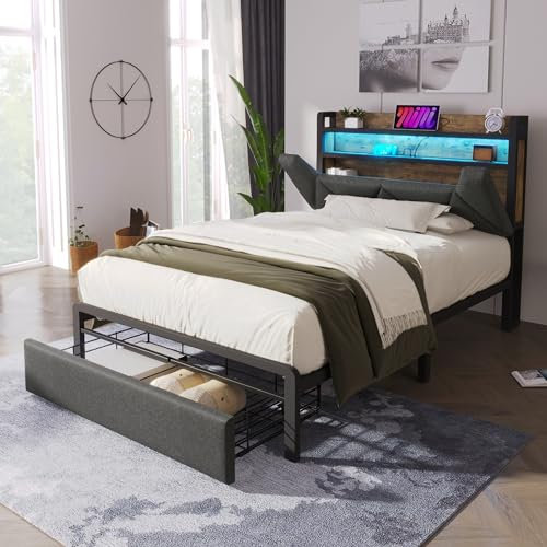 Polsterbett 90x200, LED Einzelbett Stauraumbett Funktionsbett mit USB Typ C Ladefunktion und Stauraum-Kopfteil & Schubladen, Jugendbett Rückenlehne Bettgestell mit Lattenrost, Leinen, Ohne Matratze