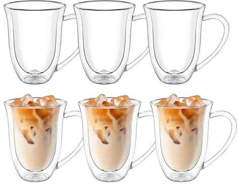 Wilmax - Verres thermiques avec anse - Lot de 6-250 ml - Verres à double paroi pour eau, thé, café - Verres à thé et à café - Gobelets pour boissons chaudes et froides - Lavables au lave-vaisselle