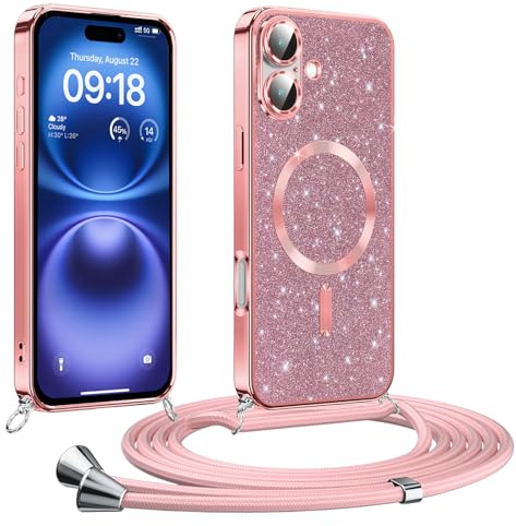 Phoona handyband Hülle für iPhone 16 mit Band, Glitzer Handyhülle Kompatibel mit MagSafe, Ganzkörperschutz Kratzfeste Stossfest Schutzhülle mit Einstellbar Kette, Rosa