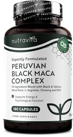 Schwarzer Maca-Komplex mit Zink, Vitamin B12, Ginseng, Bockshornklee, Vitamin B6, L, Arginin, Energiestoffwechsel, normale psykologische Funktion (EFSA), 180 Kapseln für 6 Monate. Nutravita