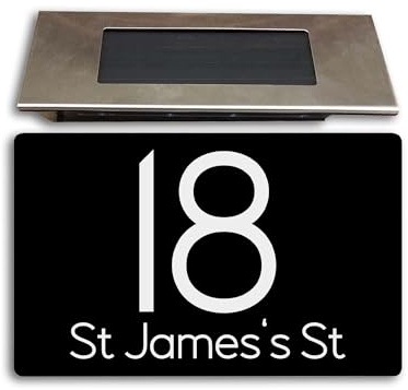 Housics Personalised Solar House Sign LED Door Plaque, Black 200x130mm | Customised address plaque with solar LED light. Weatherproof composite aluminium for outdoor front door wall.