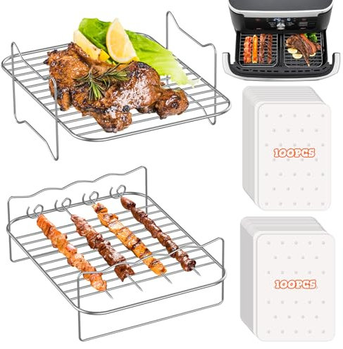 FTUREERA Lot de 2 grilles de cuisson pour friteuse à air chaud Ninja Foodi AF500EU 10,4 l, avec 200 feuilles de papier sulfurisé pour Ninja Flex Drawer AF500EU