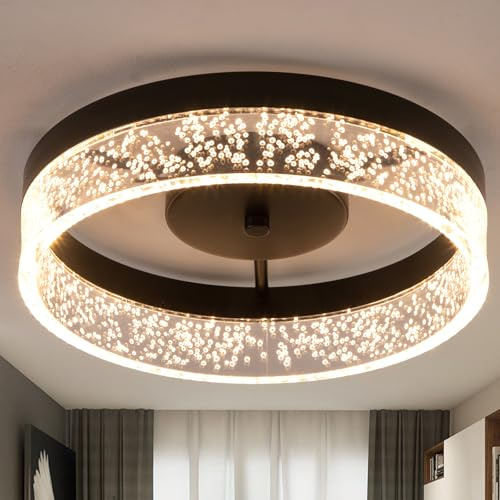 Qcyuui LED-taklampa, 20 W, svart infälld montering för kök med granulär klar akrylskärm, rund taklampa för hall och matsal
