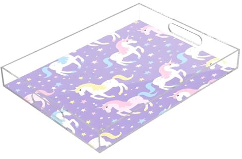 Unicorn Purple Acrylic Serving Trays, Clear Rectangular Tray with Handles Serving Platter for Coffee Table Kitchen Bathroom