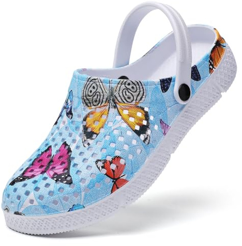 SECHRITE Dam träskor trädgårdsskor slip-on komfort utomhus strandtofflor lätta vattentäta sommarsandaler - fjärilstryck, Blå fjärilar, 37 EU