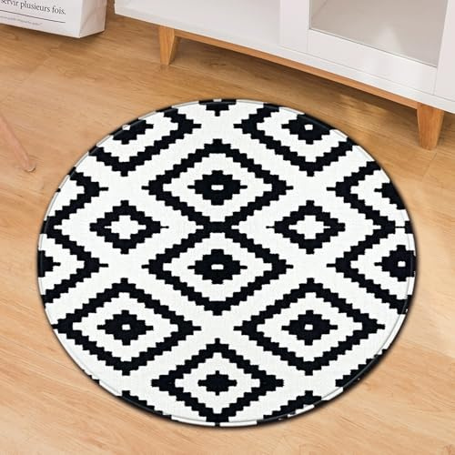 Hearda Teppich Rund Reppich Schlafzimmer, Innenbereich Retro-Bohème Teppich Waschbarer rutschfest Fußmatten Flanell Flur Fußmatten für Wohnzimmer, Büro (Schwarz Weiß,120cm)